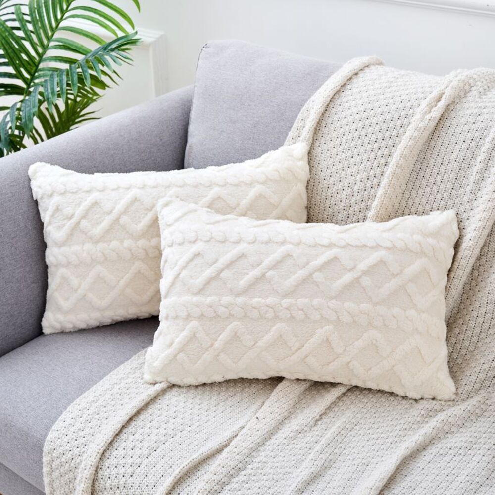 2pcs Short Plush Solid Throw Pillow Covers for Sofa 12 x 20 Inch White